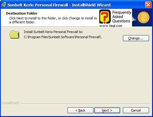 מסך מיקום היעד להתקנה,חומת האש Kerio Personal Firewall