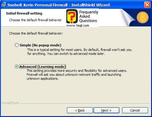 האפשרות Advanced (מתקדם) בהתקנה,חומת האש Kerio Personal Firewall