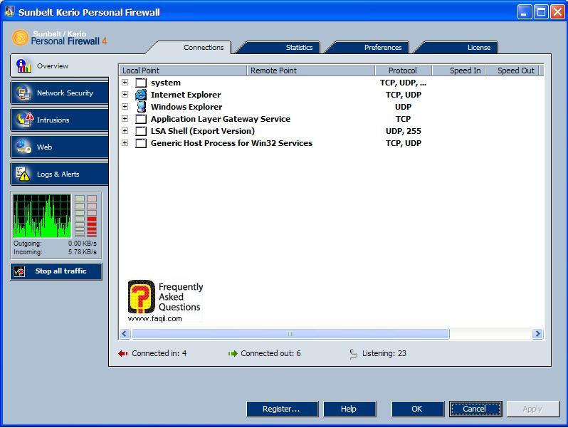 החיבורים הפועלים ברקע,חומת האש Kerio Personal Firewall