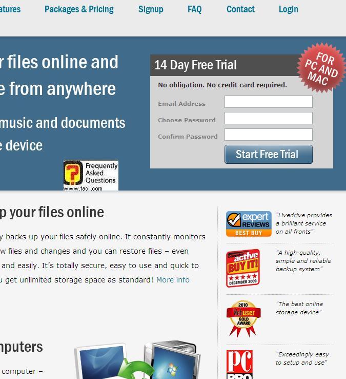 הרשמה לשירות אימייל וסיסמא, תוכנת LiveDrive   