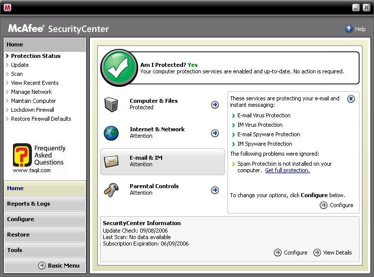 אימייל,מרכז האבטחה של מקאפי (Mcafee SecurityCenter)  