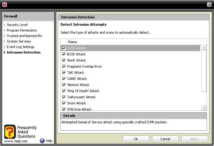 לשונית Intrusion Detection,מרכז האבטחה של מקאפי (Mcafee SecurityCenter)  