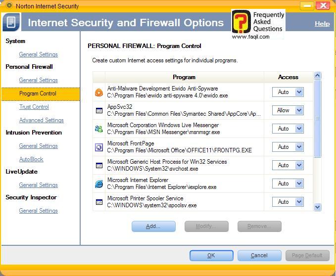 הגדרות תוכנית שליטה,Norton Internet Security 2007
