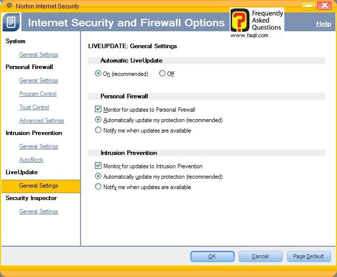 אפשרויות עדכונים,Norton Internet Security 2007