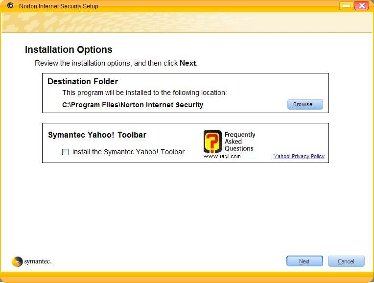 מסך בחירת יעד ההתקנה ,Norton Internet Security 2007