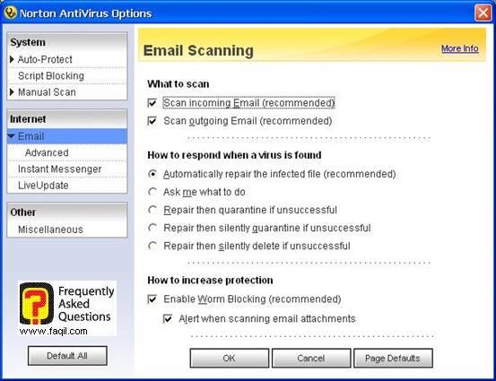 אפשרויות אימייל,האנטיוירוס נורטון 2005|Norton Anti Virus 2005 