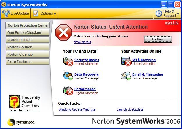 המסך הראשי, Norton SystemWorks 2006  