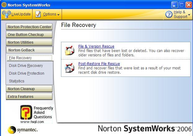 בחירה בFile& Version Rescue , בNorton SystemWorks 2006  