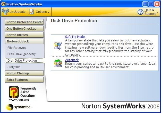 לשונית Disk Drive Protection, בNorton SystemWorks 2006  