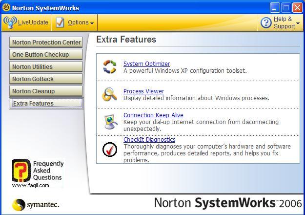 לשונית Extra Features, בNorton SystemWorks 2006  