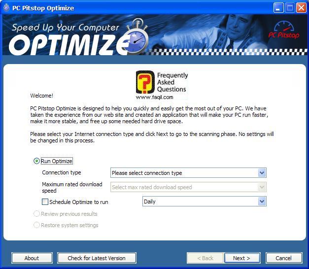בחירת מהירות החיבור שלכם,PC Pitstop Optimize 