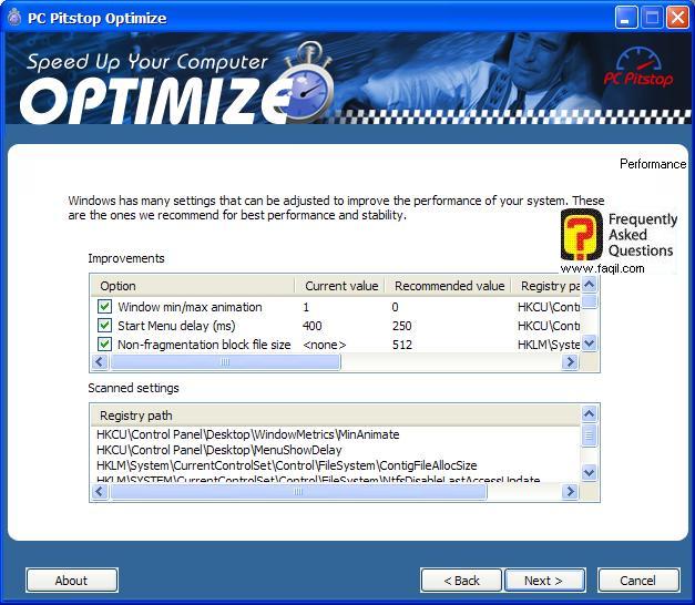 רשימת השיפורים  ,PC Pitstop Optimize 
