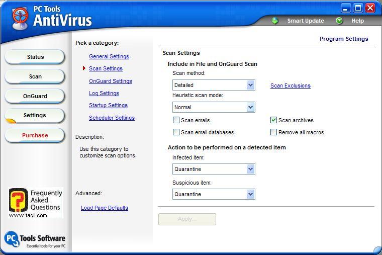 הגדרות סריקה,תוכנת  PC Tools AntiVirus