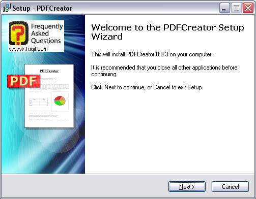 מסך ברוכים הבאים להתקנה, תוכנת PDFcreator
