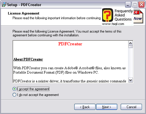 מסך הסכם הרישיון  להתקנה, תוכנת PDFcreator