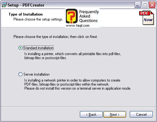 מסך סוג ההתקנה, תוכנת PDFcreator