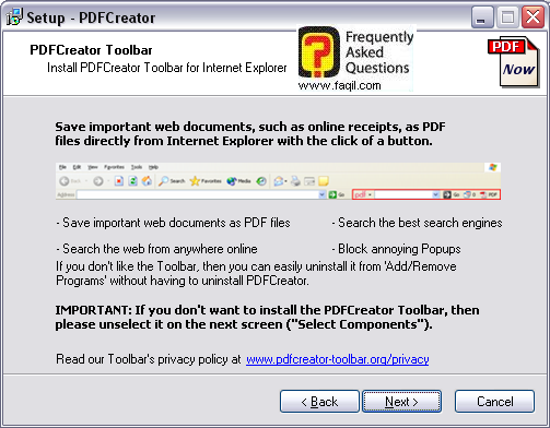 מסך סרגל כלים בהתקנה, תוכנת PDFcreator