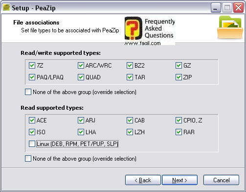 מסך אפשרויות  נוספות להתקנה,לתוכנה peazip