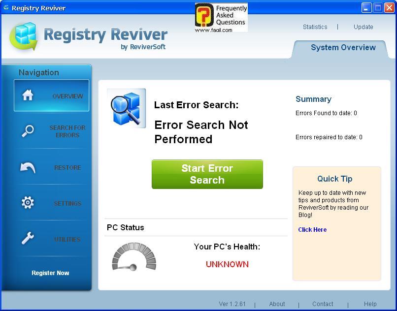 מסך ראשי, תוכנת Registry reviver   