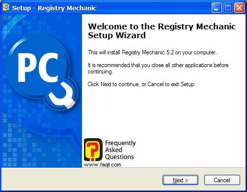 מסך ברוכים הבאים להתקנה,תוכנת Registry Mechanic 