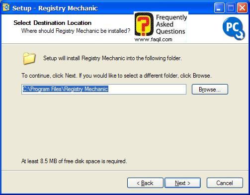 מסך מיקום היעד  להתקנה,תוכנת Registry Mechanic 