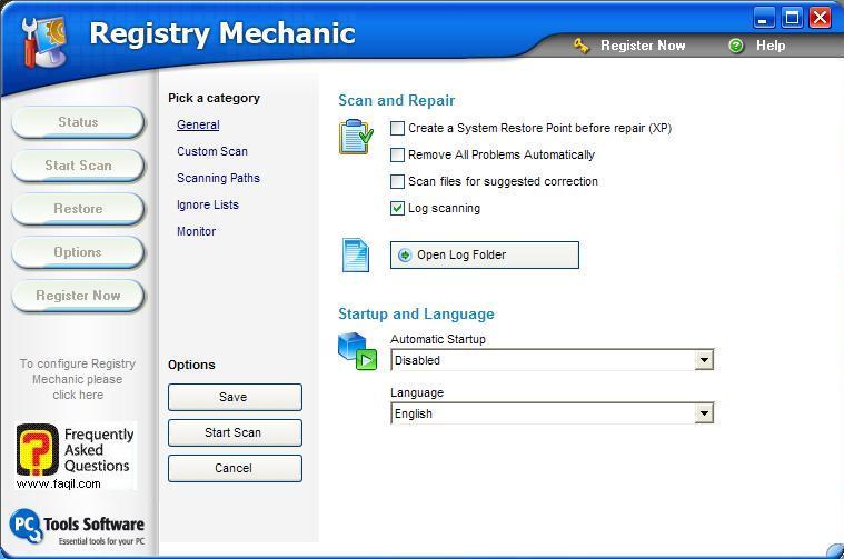 אפשרויות,תוכנת Registry Mechanic 