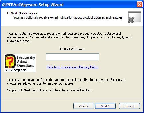אימייל לעדכונים עתידים על התוכנה, SuperAntiSpyware Free Edition  