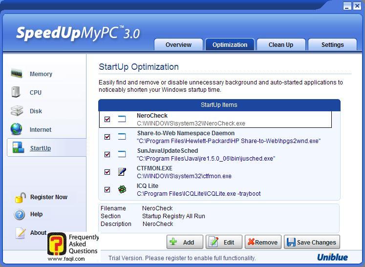 מידע על התוכנות הפועלות עם הפעלת המחשב,תוכנת SpeedUpMyPC
