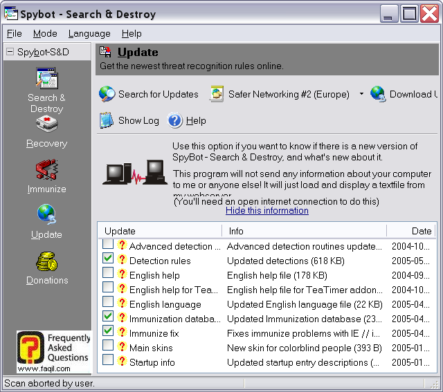 סיום חיפוש עדכונים,Spybot Search & Destroy 1.3 