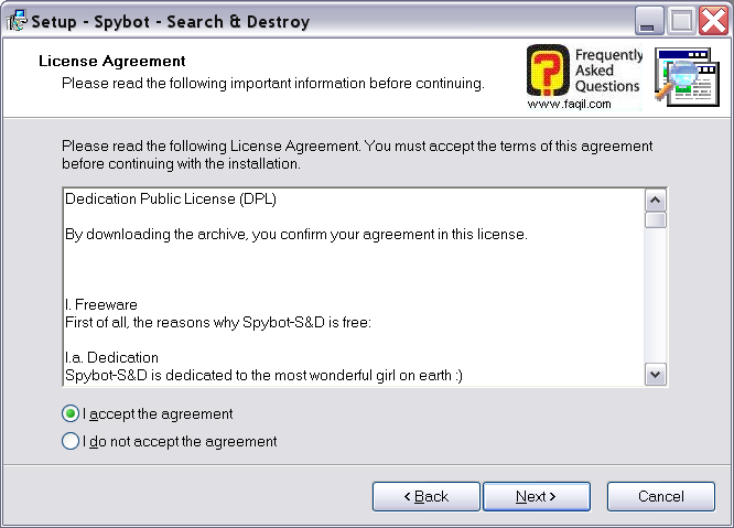 מסך תנאי שימוש להתקנה,Spybot Search & Destroy 1.3 