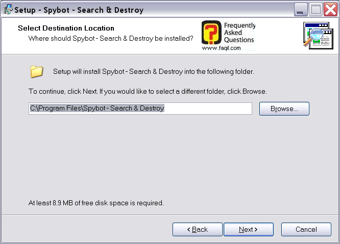 מסך מיקום היעד להתקנה,Spybot Search & Destroy 1.3 