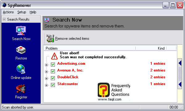 תוצאות סריקה,תוכנת SPYREMOVER