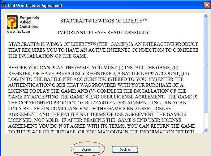 הסכמה לתנאי הרישיון, בחרו בi agree להתקנת המשחק  סטארטקראפ 2 