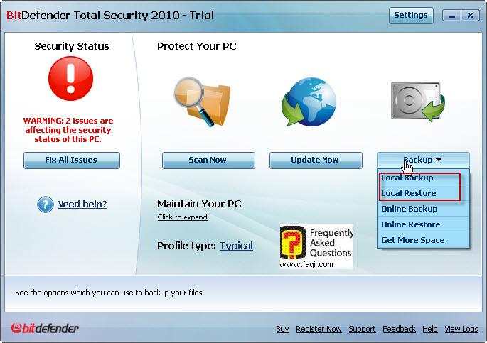 אפשרות הגיבוי,BitDefender Total Security 2010 
