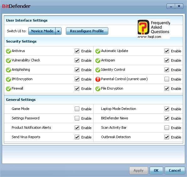 הגדרות,BitDefender Total Security 2010
