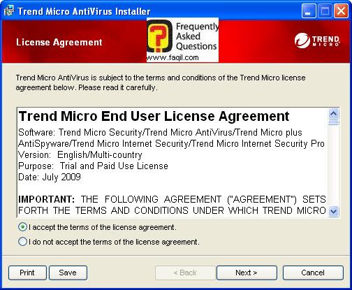 מסך הסכם הרישיון לשימוש, TrendMicro AntiVirus plus AntiSpyware 2010