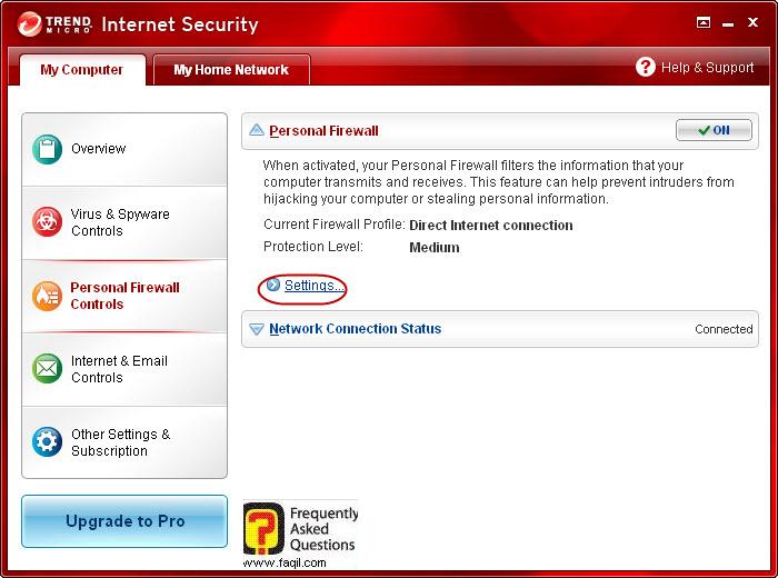 הגעה להגדרות חומת אש,Trend Micro Internet Security 2010