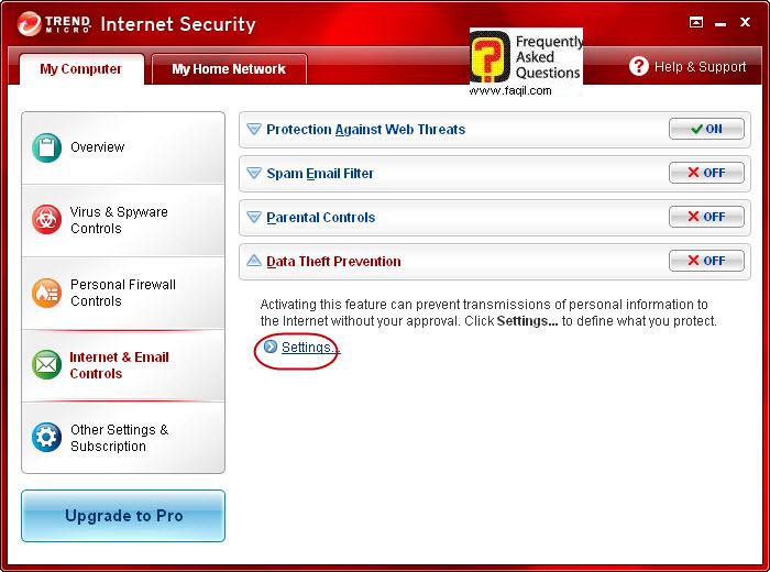 הגעה להגדרות מניעת גניבת מידע,Trend Micro Internet Security 2010