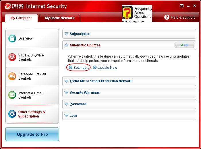 הגעה להגדרות  עדכונים אוטומטית,Trend Micro Internet Security 2010
