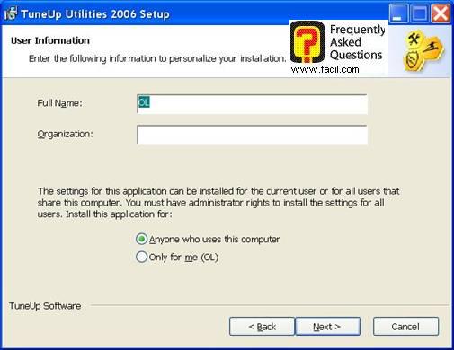 הזנת שם משתמש לפי בחירה בהתקנה,TuneUp Utilities 2006