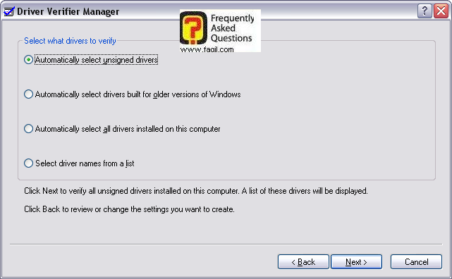 נבחר ב-automatically select all drivers installed on this computer,שימוש ב-verifier 