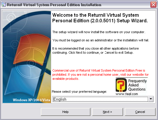מסך ברוכים הבאים,ובחירת שפת התקנה,תוכנת Virtual system personal edition