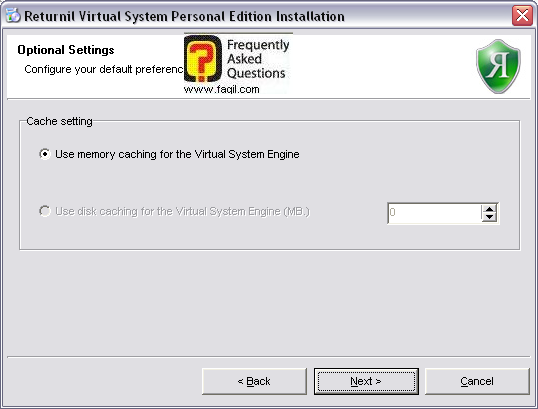 שימוש זיכרון בהתקנה,תוכנת Virtual system personal edition