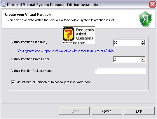 בחירת גודל  ואות המחיצה הוירטואלית,תוכנת Virtual system personal edition