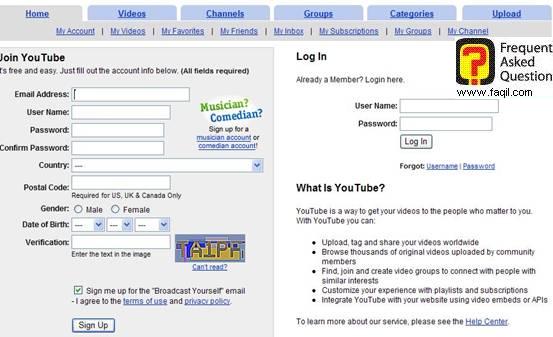 רישום לאתר,אתר יוטיוב (YouTube)