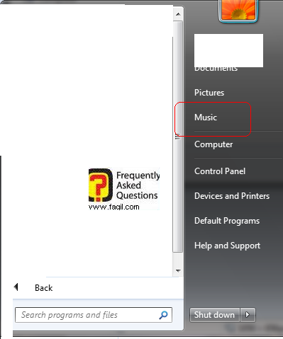 הגעה לmusic  בתפריט המהיר של חלונות 7