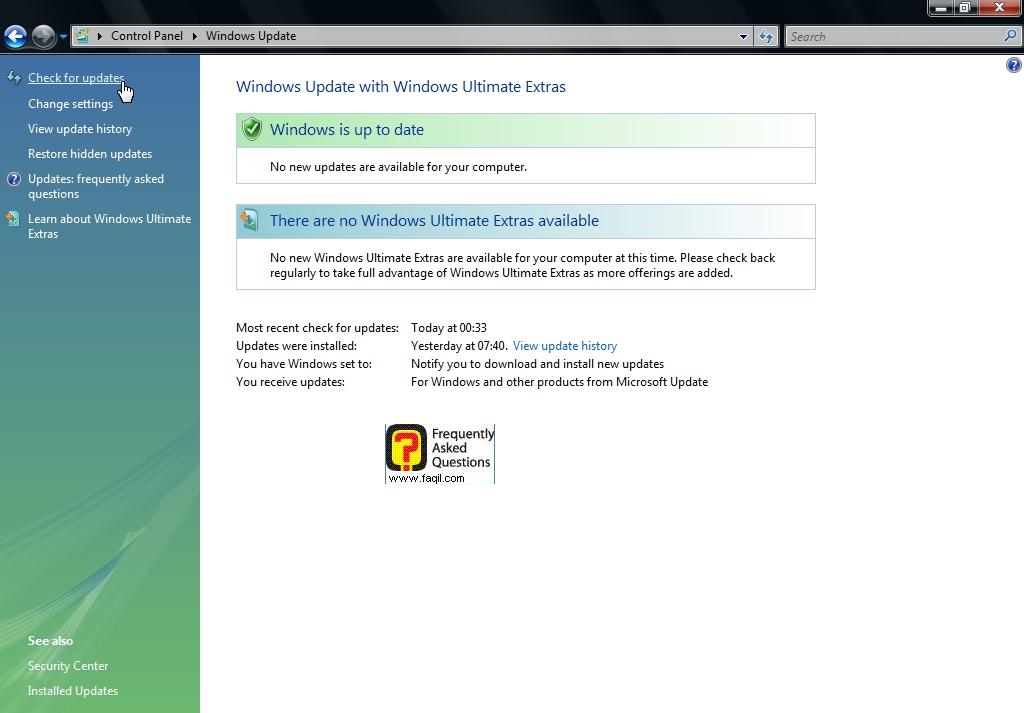  יש לבחור לבדוק עדכונים,  בחלונות ויסטה