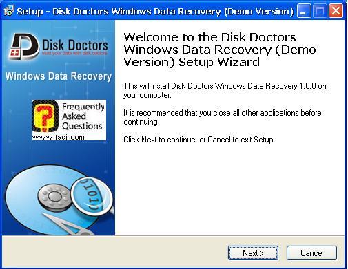 מסך ברוכים הבאים להתקנה,תוכנת  Disk Doctors Windows Data Recovery (FAT)