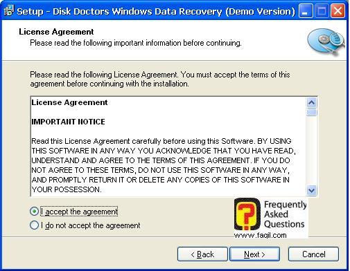 הסכמה לתנאי הרישיון,תוכנת  Disk Doctors Windows Data Recovery (FAT)