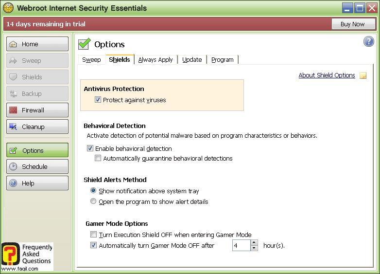 אפשרויות לשונית Shields-Werboot Internet Security 